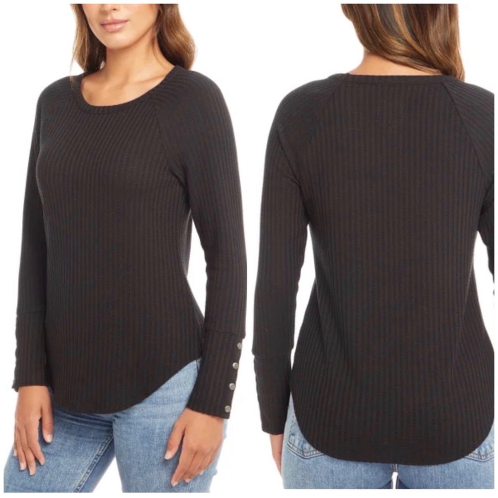 Chaser Womens Black Waffle Knit Thermal Top Button Cuff Raglan Sleeve Medium